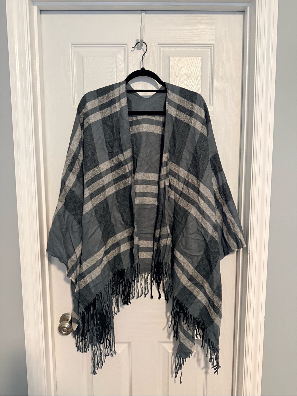 Gray Plaid Fringe Poncho Wrap - Siizu Brand One Size